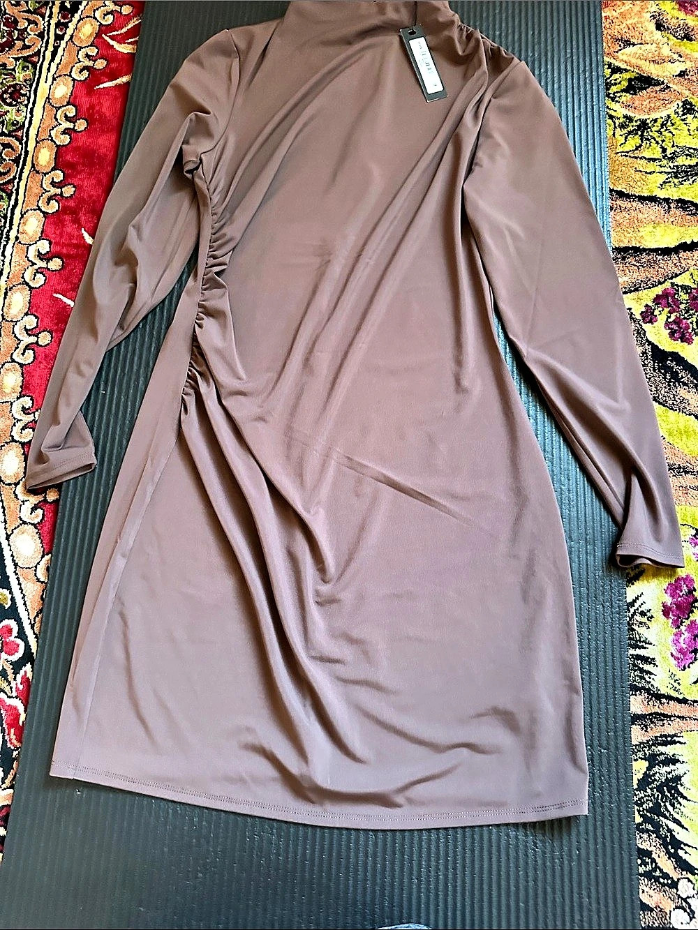 Kinetic Ruched Long Sleeve Midi Dress in Brown Size Small NWT